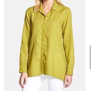 Eileen Fisher Organic Irish Linen Bright Yellow Green Button Down Shirt, XS